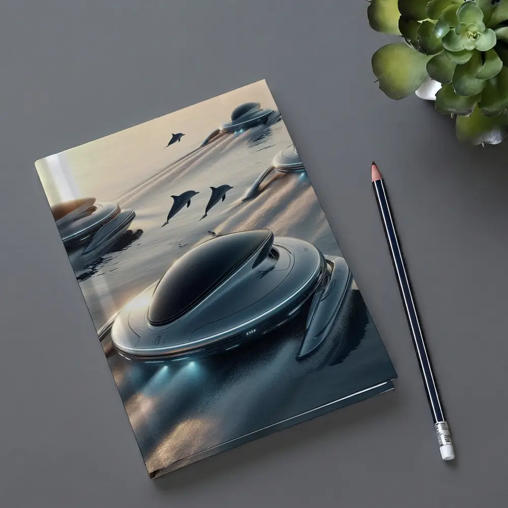 Futuristic Pods Dolphins Golden Ocean Sunset – Notebooks