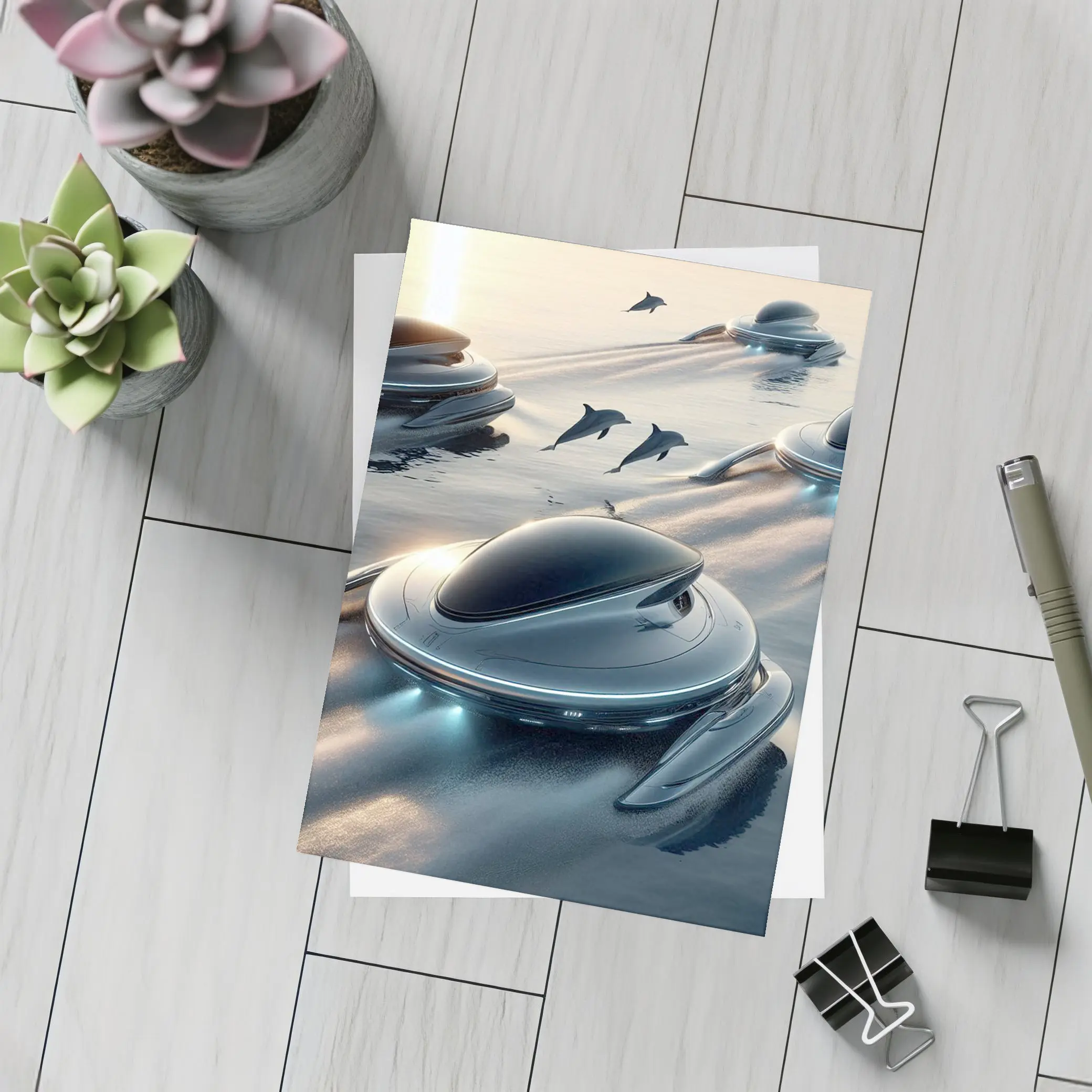 Futuristic Pods Dolphins Golden Ocean Sunset – Postcards