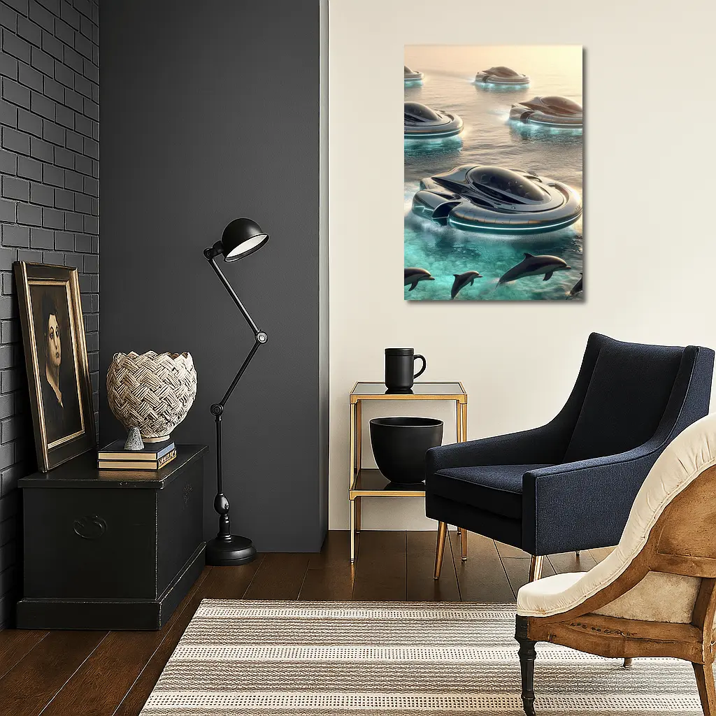Futuristic Hovercrafts Flying Over Turquoise Ocean – Wall Art