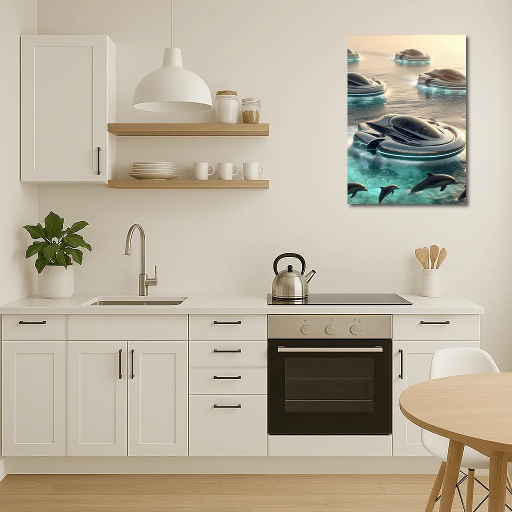 Futuristic Hovercrafts Flying Over Turquoise Ocean – Wall Art