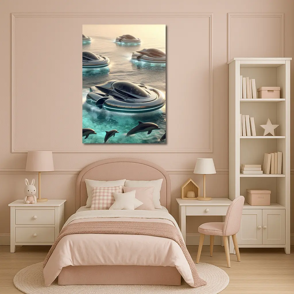 Futuristic Hovercrafts Flying Over Turquoise Ocean – Wall Art
