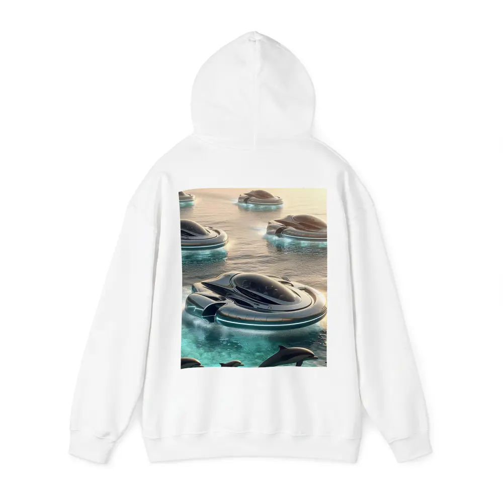 Futuristic Hovercrafts Flying Over Turquoise Ocean – Hoodies