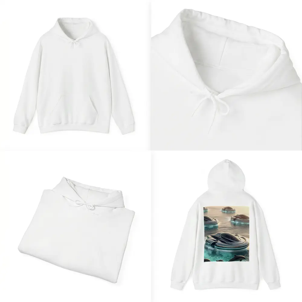Futuristic Hovercrafts Flying Over Turquoise Ocean – Hoodies