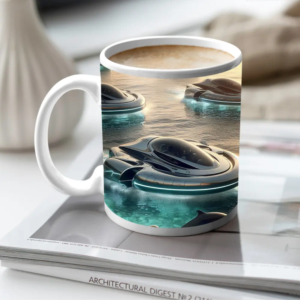 Futuristic Hovercrafts Flying Over Turquoise Ocean – Mugs