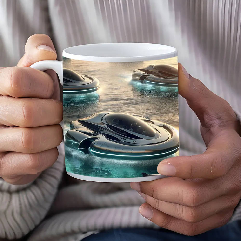 Futuristic Hovercrafts Flying Over Turquoise Ocean – Mugs