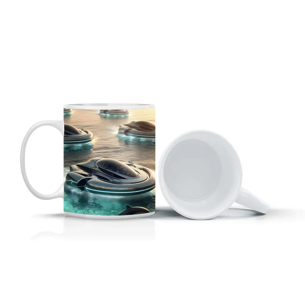 Futuristic Hovercrafts Flying Over Turquoise Ocean – Mugs