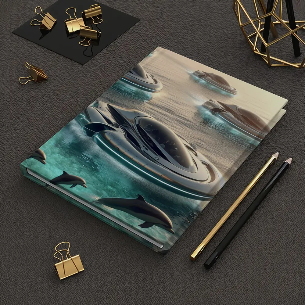 Futuristic Hovercrafts Flying Over Turquoise Ocean – Notebooks