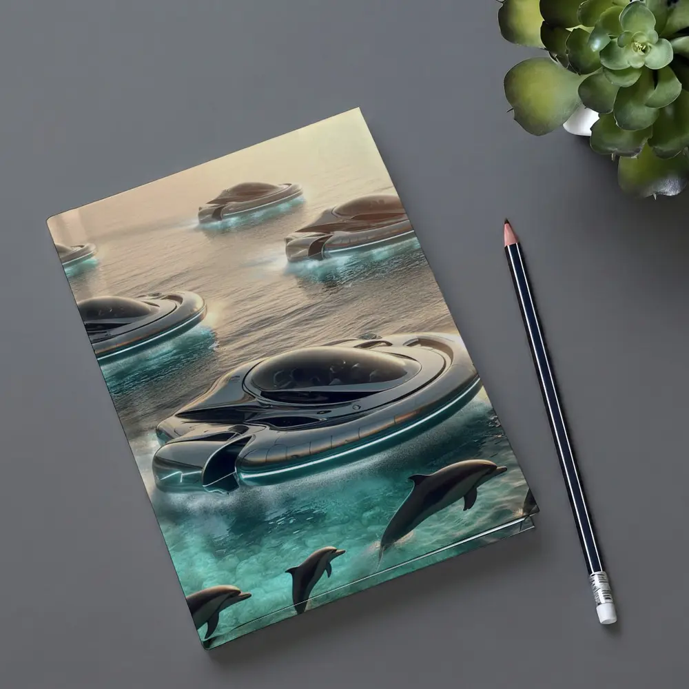Futuristic Hovercrafts Flying Over Turquoise Ocean – Notebooks