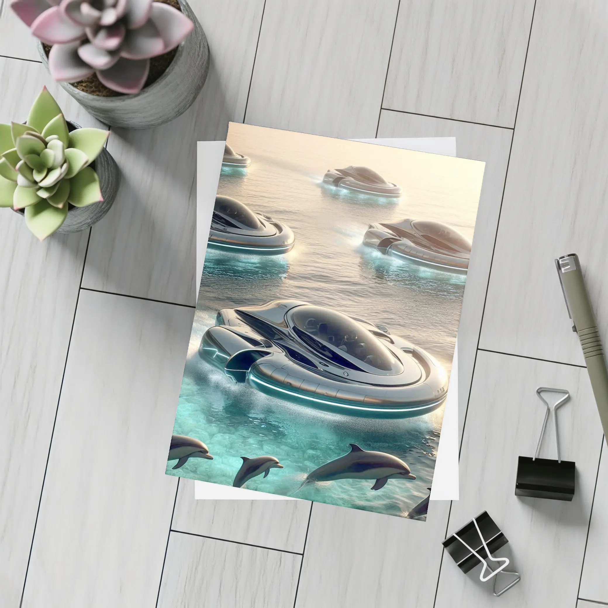 Futuristic Hovercrafts Flying Over Turquoise Ocean – Postcards