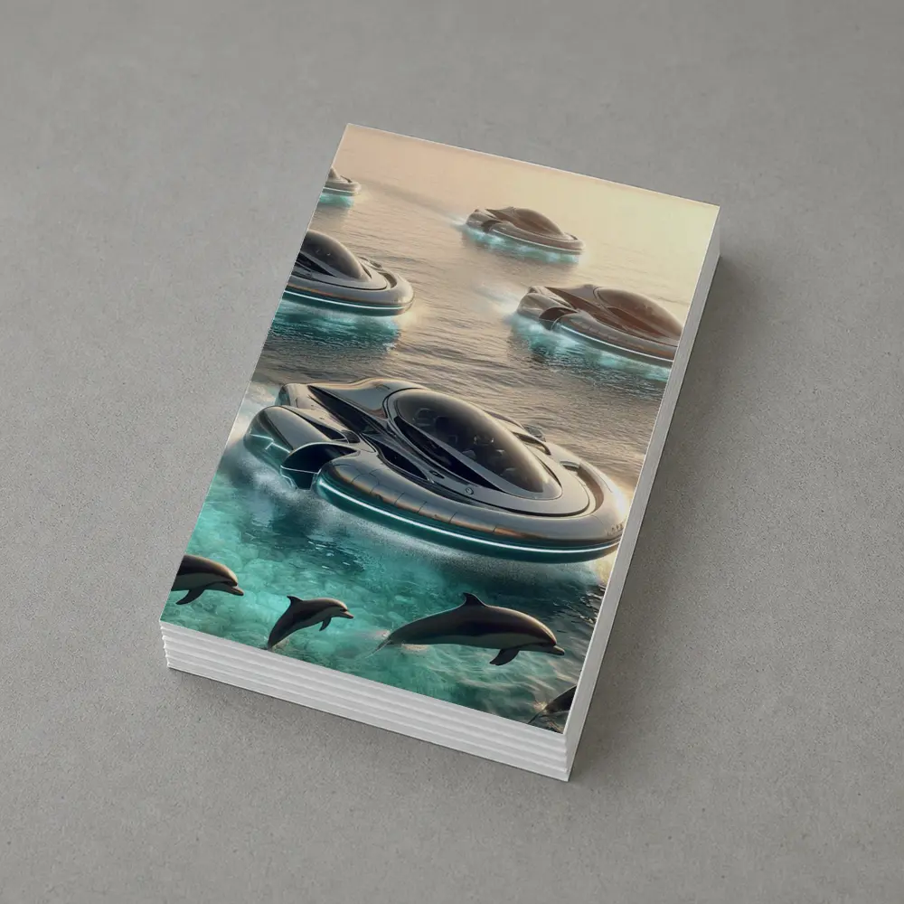 Futuristic Hovercrafts Flying Over Turquoise Ocean – Postcards
