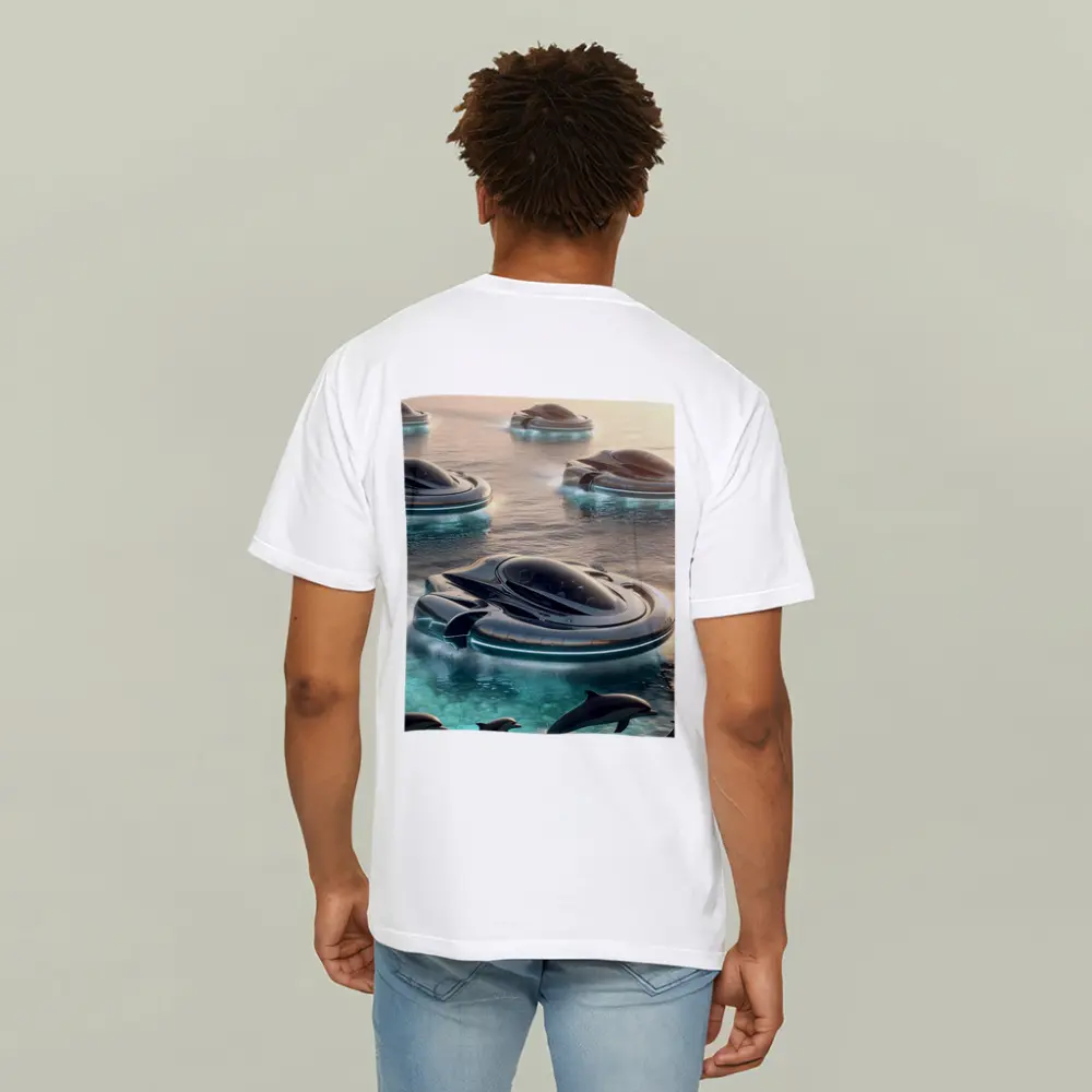 Futuristic Hovercrafts Flying Over Turquoise Ocean – T-Shirts
