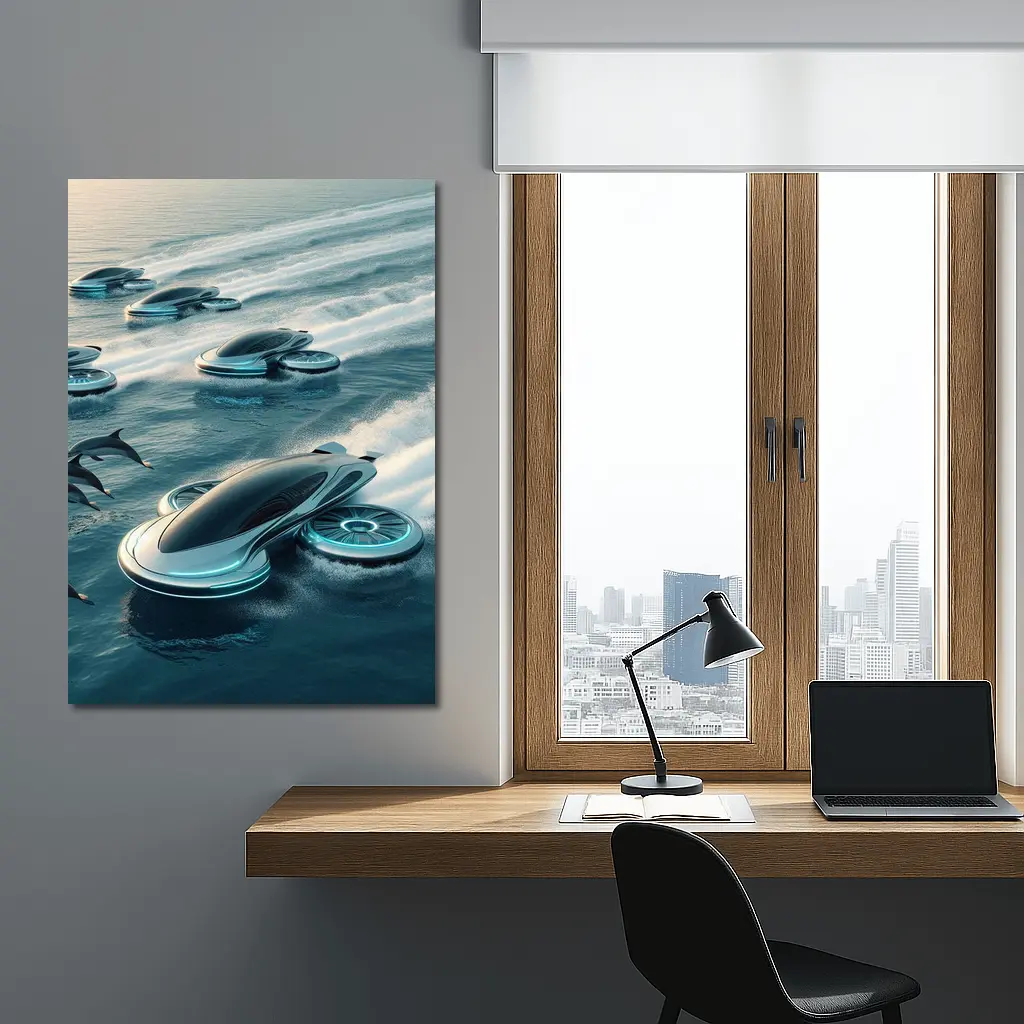 Futuristic Hover Vehicles Racing Over Ocean – Wall Art