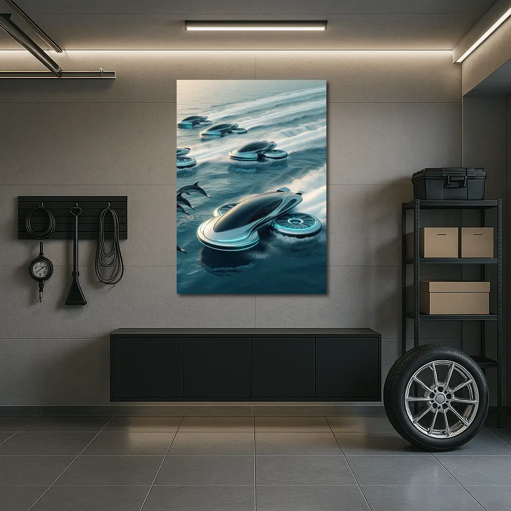 Futuristic Hover Vehicles Racing Over Ocean – Wall Art
