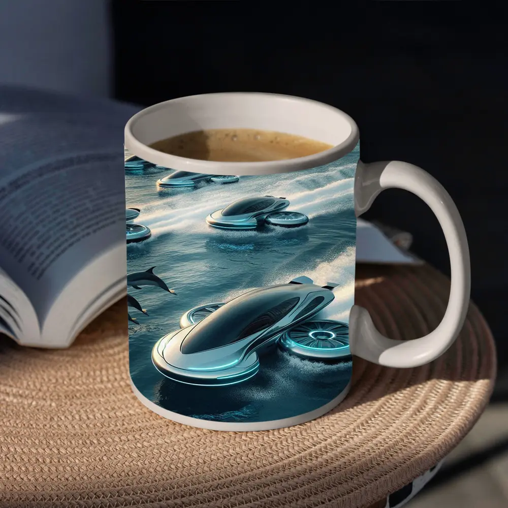Futuristic Hover Vehicles Racing Over Ocean – Mugs