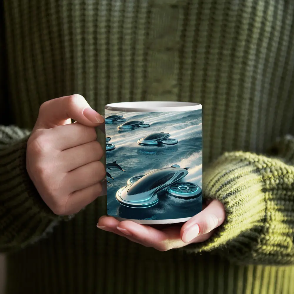 Futuristic Hover Vehicles Racing Over Ocean – Mugs
