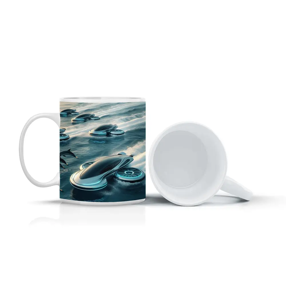 Futuristic Hover Vehicles Racing Over Ocean – Mugs