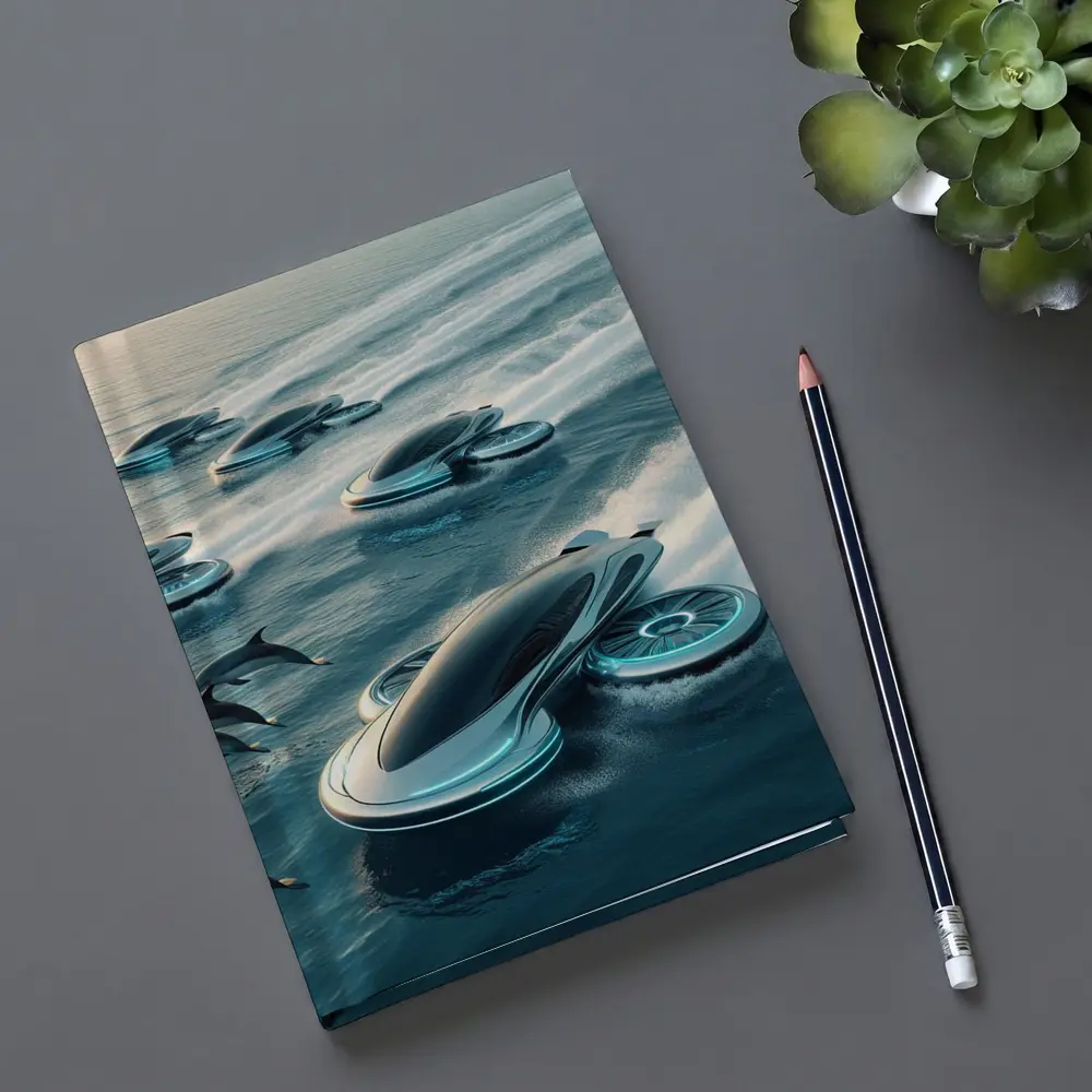 Futuristic Hover Vehicles Racing Over Ocean – Notebooks
