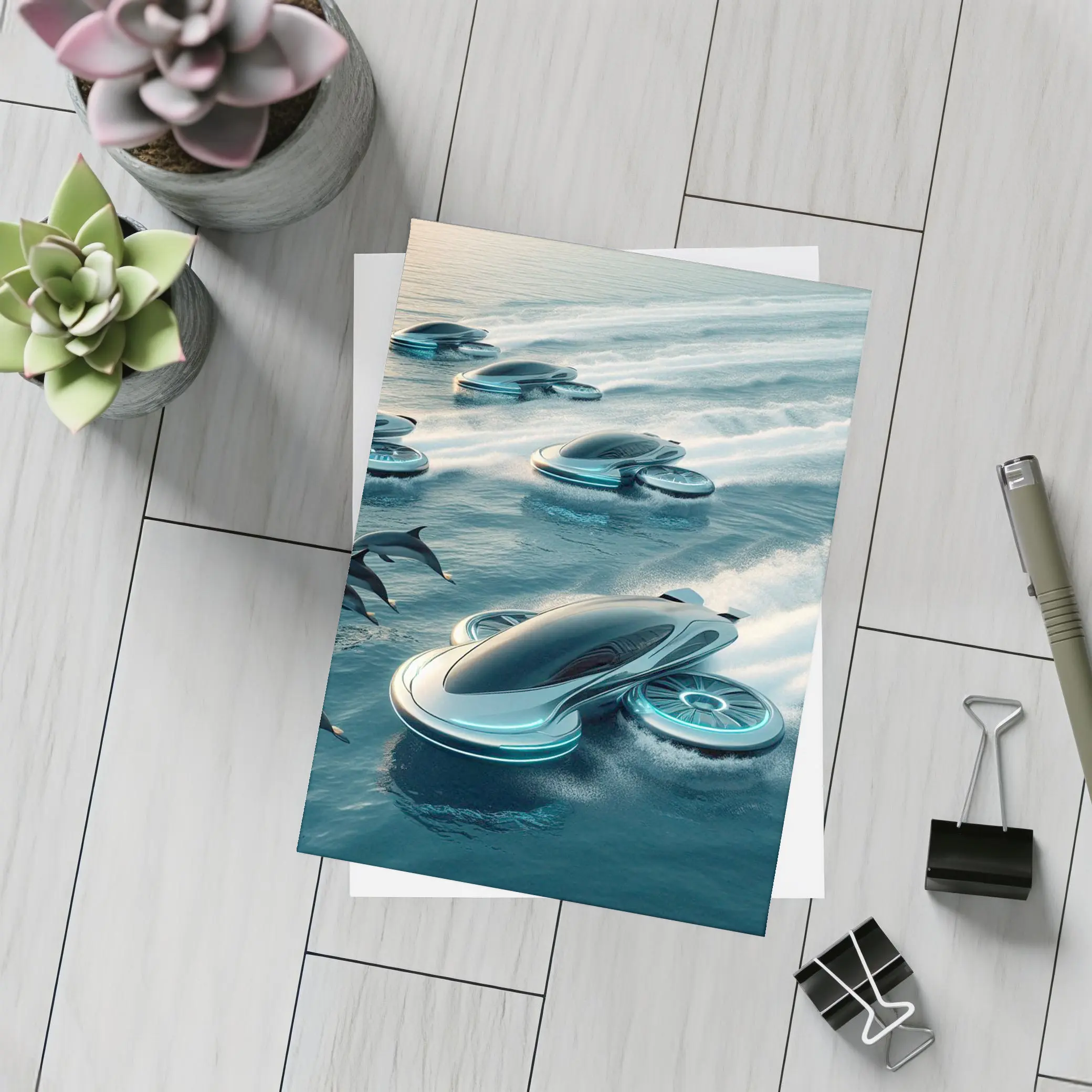 Futuristic Hover Vehicles Racing Over Ocean – Postcards