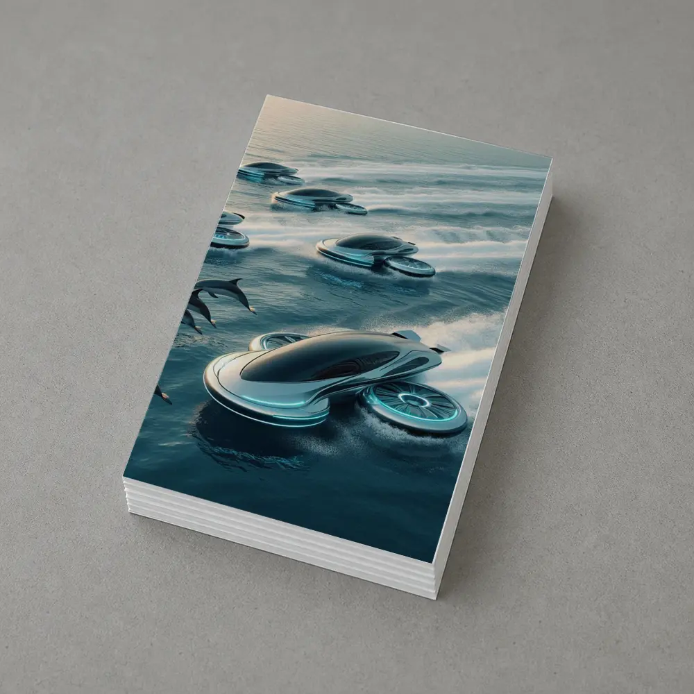 Futuristic Hover Vehicles Racing Over Ocean – Postcards