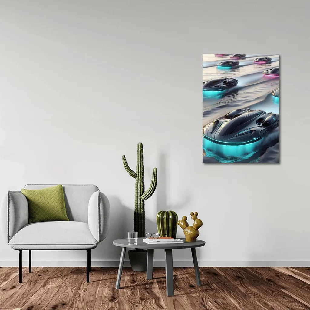 Futuristic Glowing Hovercrafts Racing Over Water – Wall Art