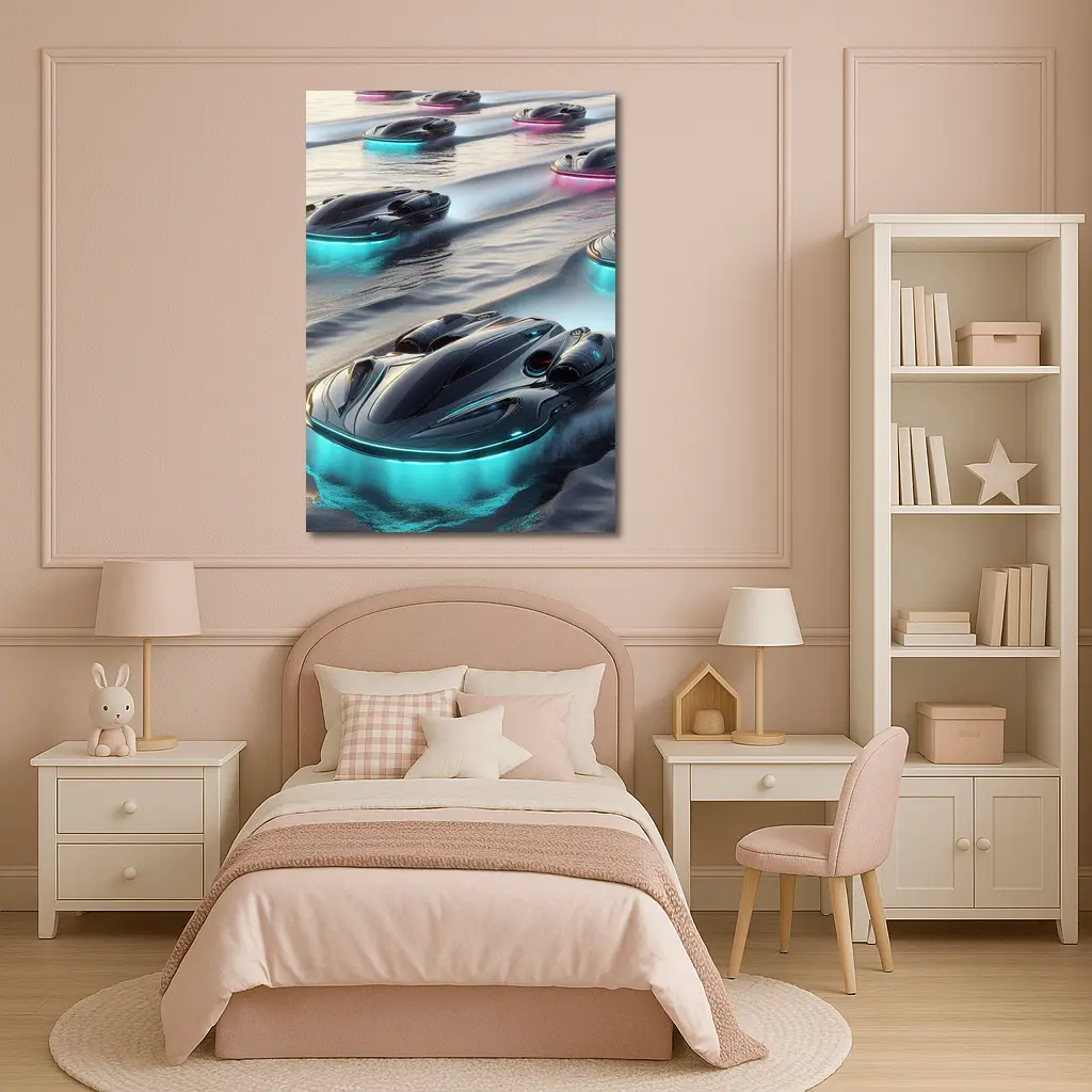 Futuristic Glowing Hovercrafts Racing Over Water – Wall Art