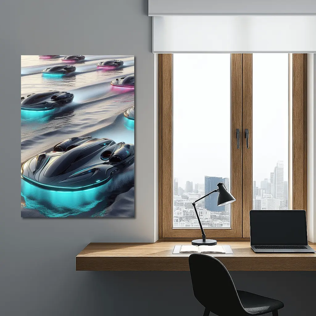 Futuristic Glowing Hovercrafts Racing Over Water – Wall Art