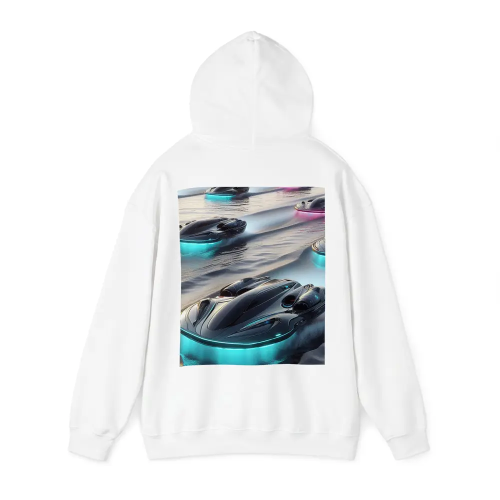 Futuristic Glowing Hovercrafts Racing Over Water – Hoodies