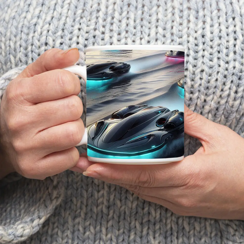 Futuristic Glowing Hovercrafts Racing Over Water – Mugs
