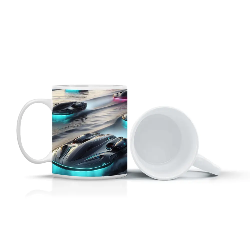 Futuristic Glowing Hovercrafts Racing Over Water – Mugs