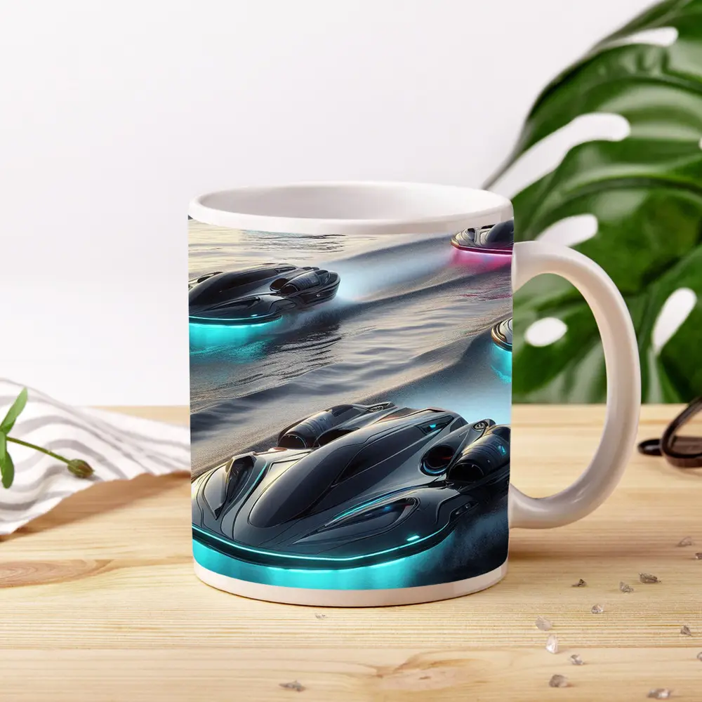 Futuristic Glowing Hovercrafts Racing Over Water – Mugs