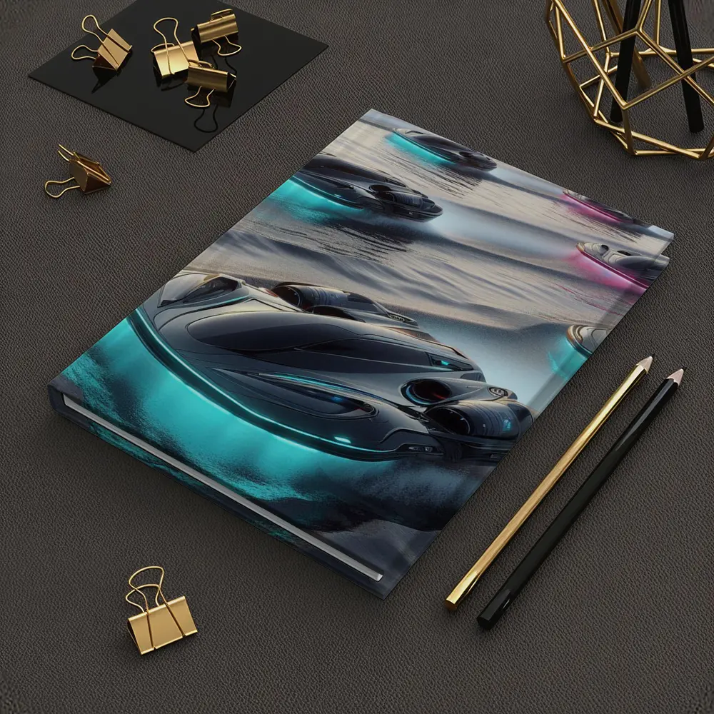 Futuristic Glowing Hovercrafts Racing Over Water – Notebooks