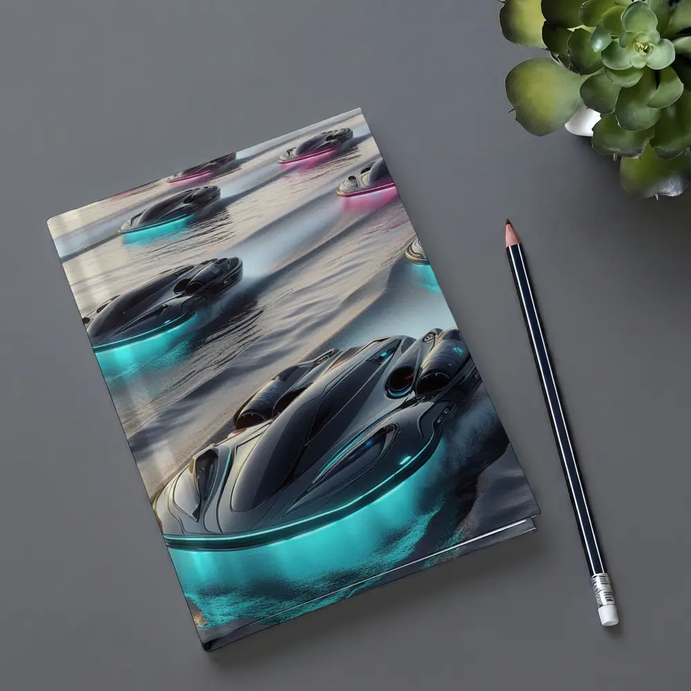Futuristic Glowing Hovercrafts Racing Over Water – Notebooks