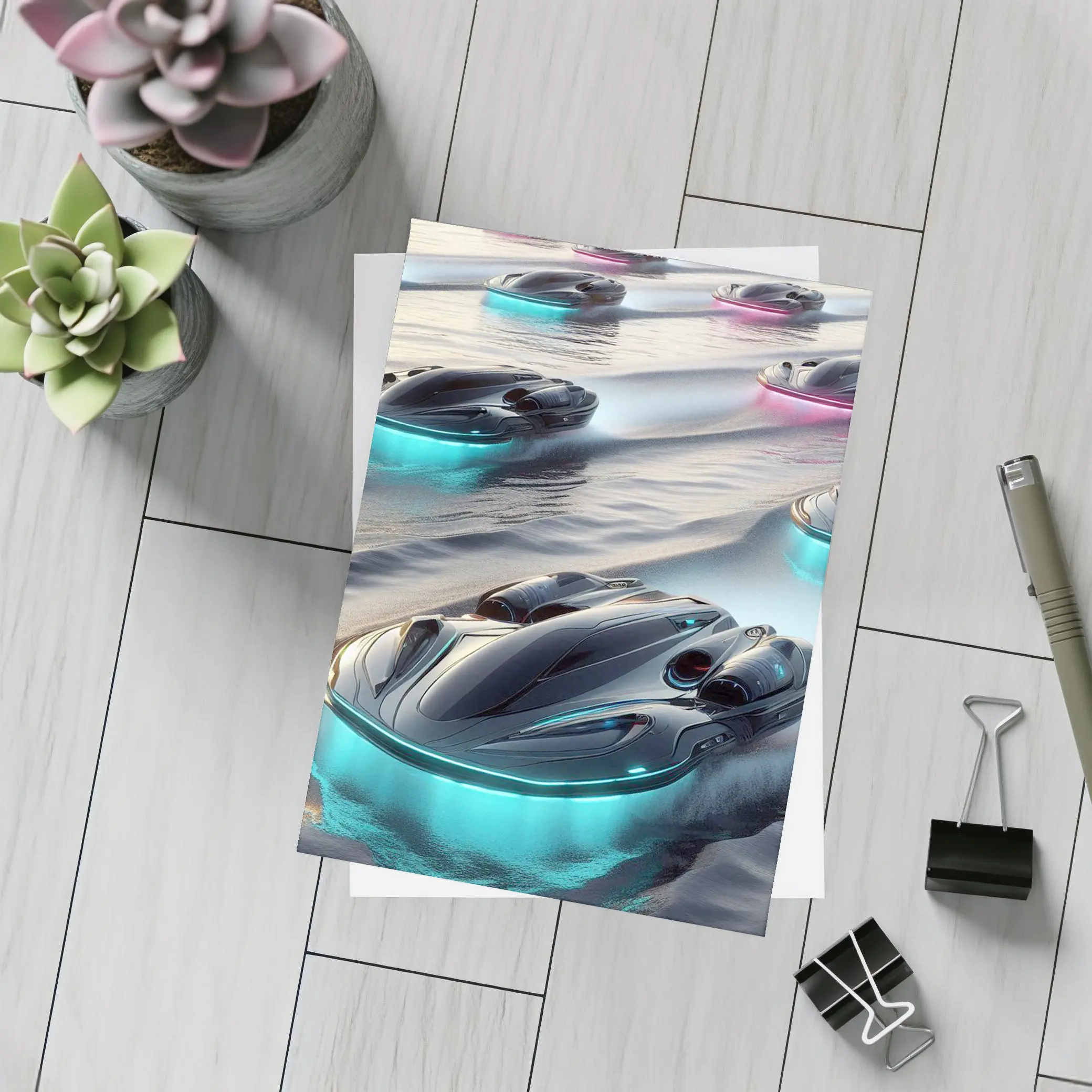 Futuristic Glowing Hovercrafts Racing Over Water – Postcards