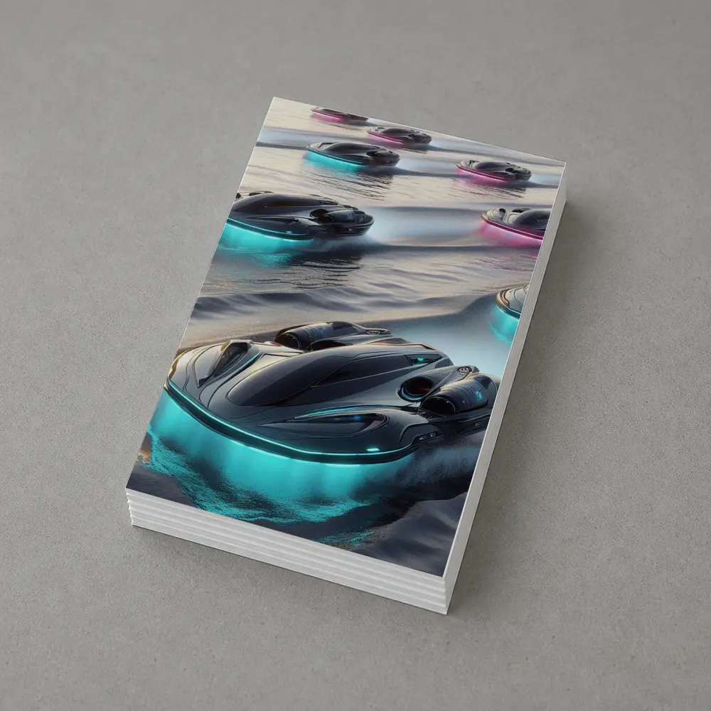 Futuristic Glowing Hovercrafts Racing Over Water – Postcards