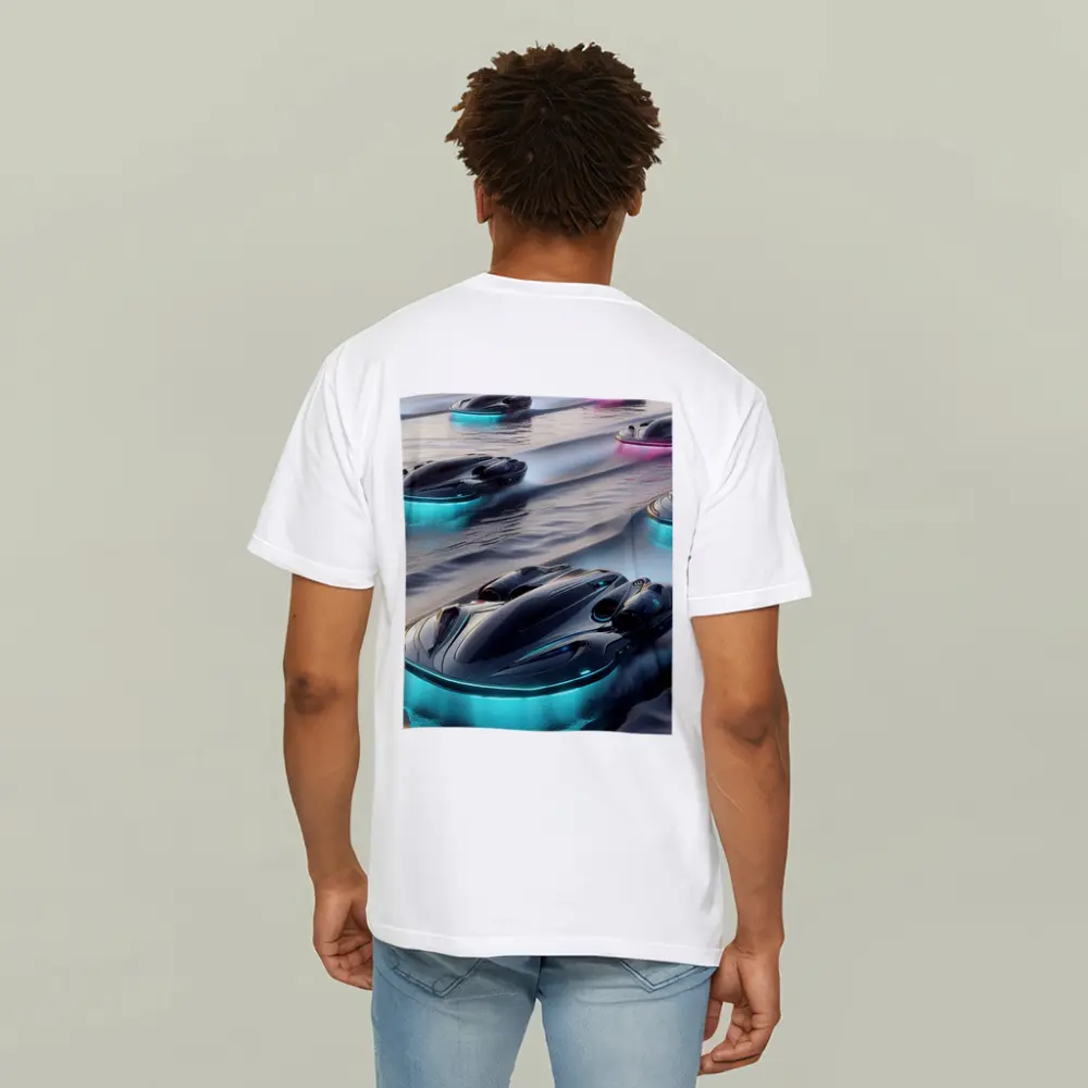 Futuristic Glowing Hovercrafts Racing Over Water – T-Shirts