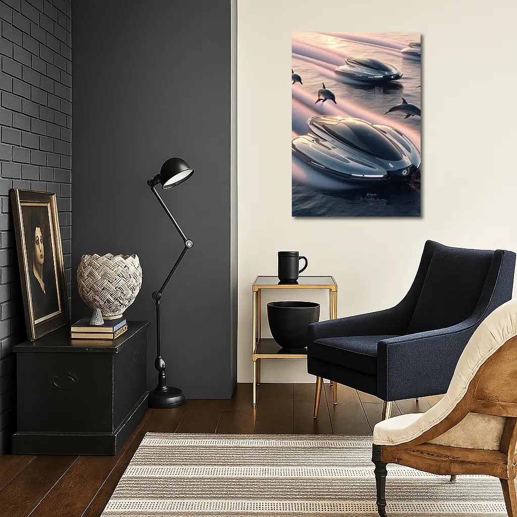 Futuristic Boats Racing With Dolphins At Sunset – Wall Art