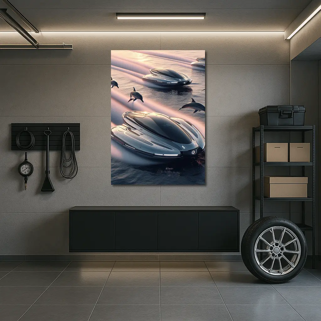 Futuristic Boats Racing With Dolphins At Sunset – Wall Art