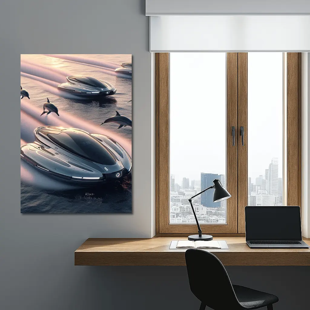 Futuristic Boats Racing With Dolphins At Sunset – Wall Art
