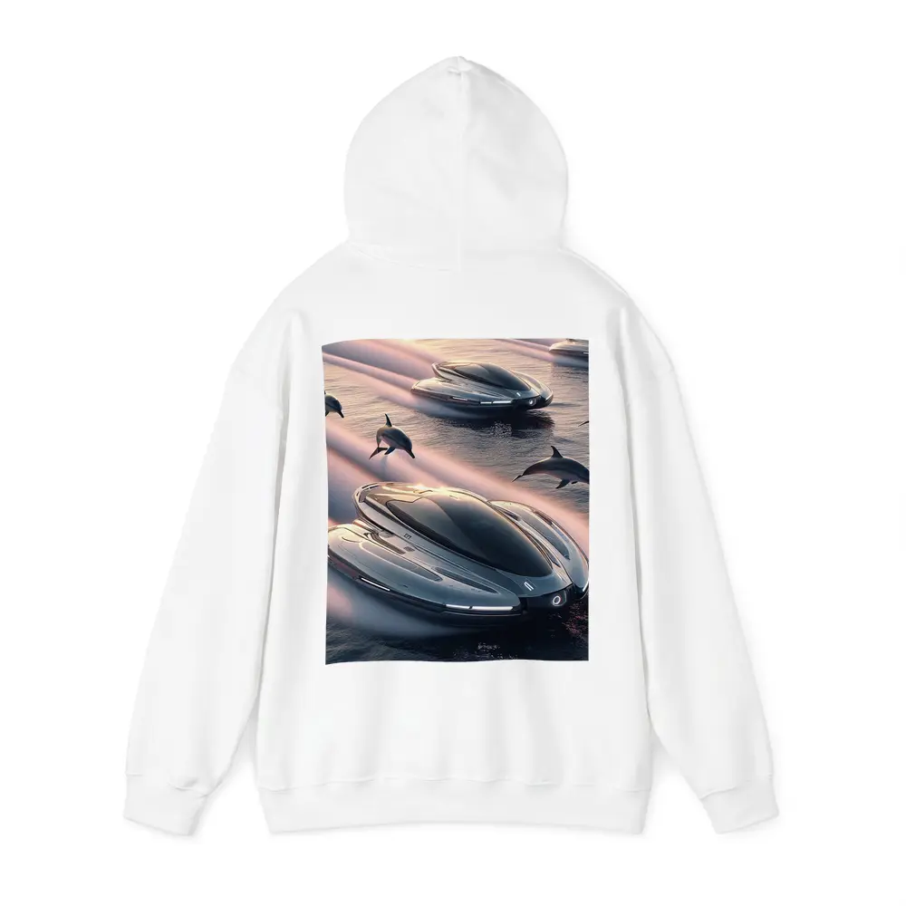 Futuristic Boats Racing With Dolphins At Sunset – Hoodies