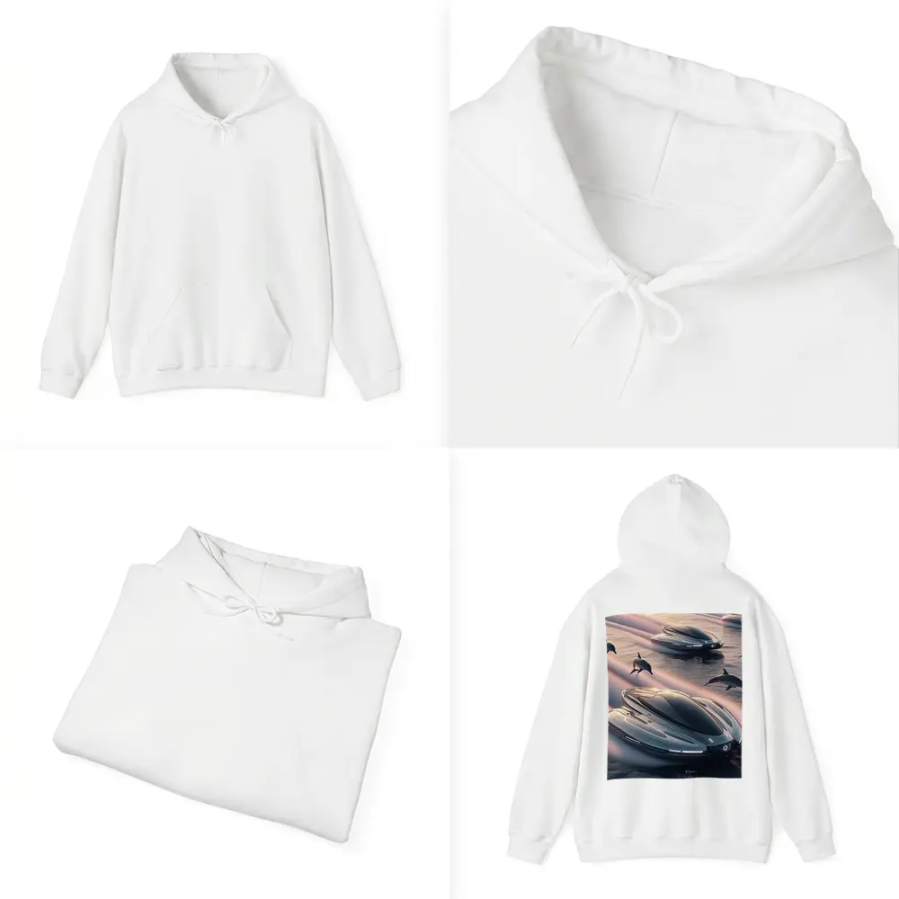 Futuristic Boats Racing With Dolphins At Sunset – Hoodies