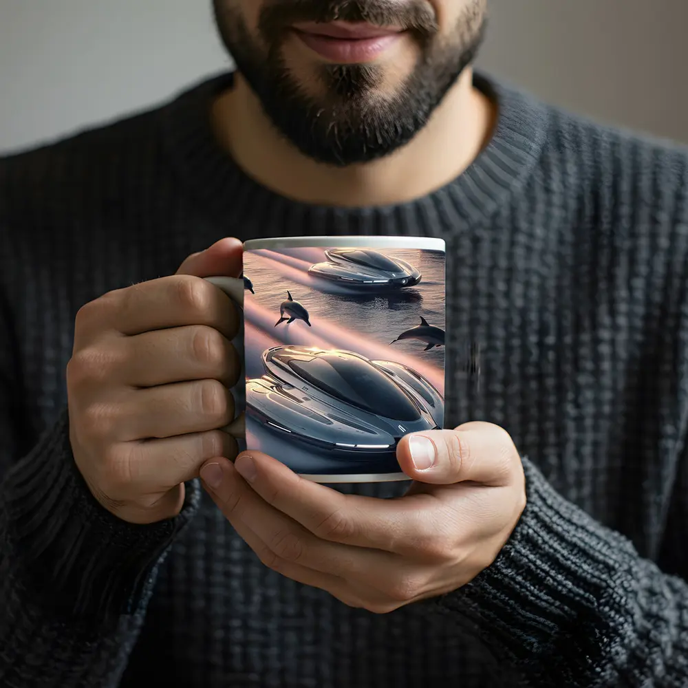 Futuristic Boats Racing With Dolphins At Sunset – Mugs