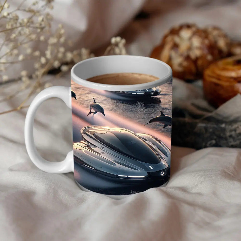 Futuristic Boats Racing With Dolphins At Sunset – Mugs