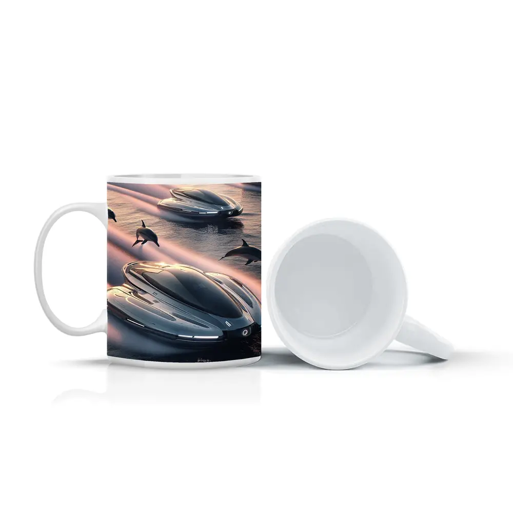 Futuristic Boats Racing With Dolphins At Sunset – Mugs