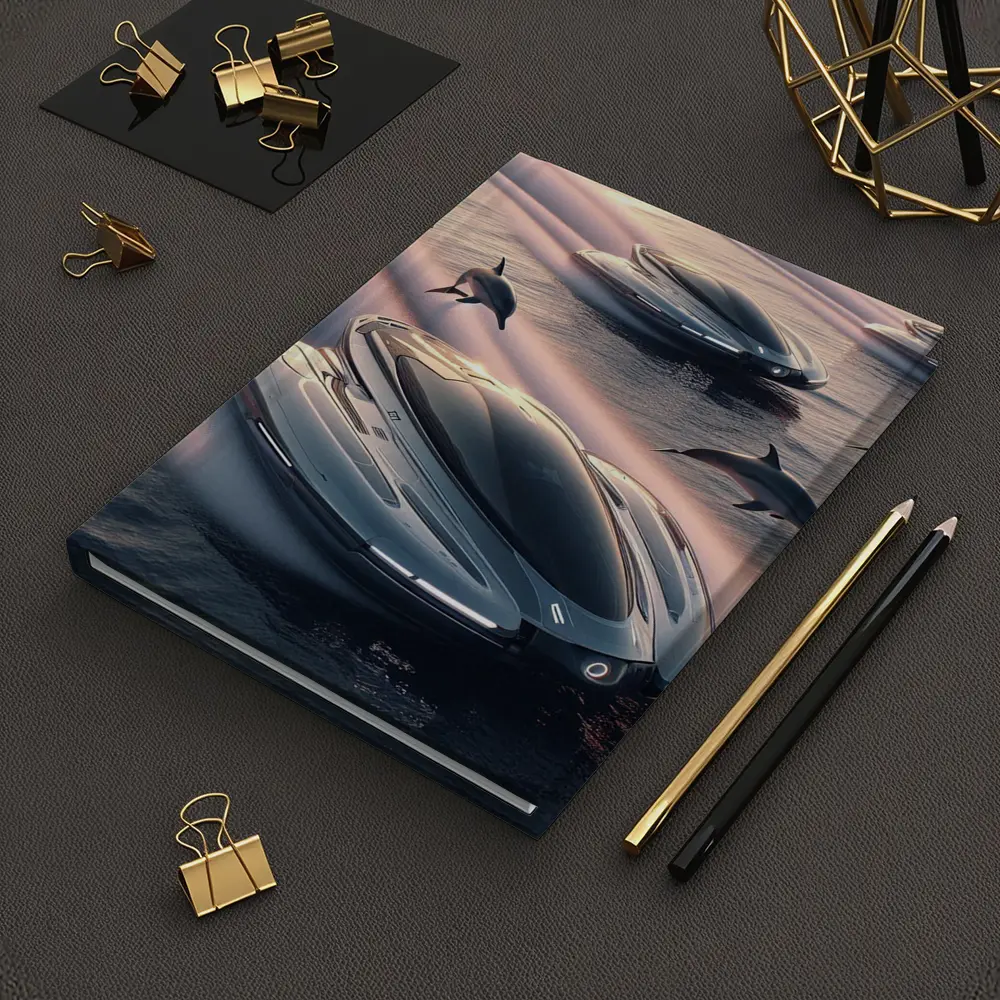 Futuristic Boats Racing With Dolphins At Sunset – Notebooks