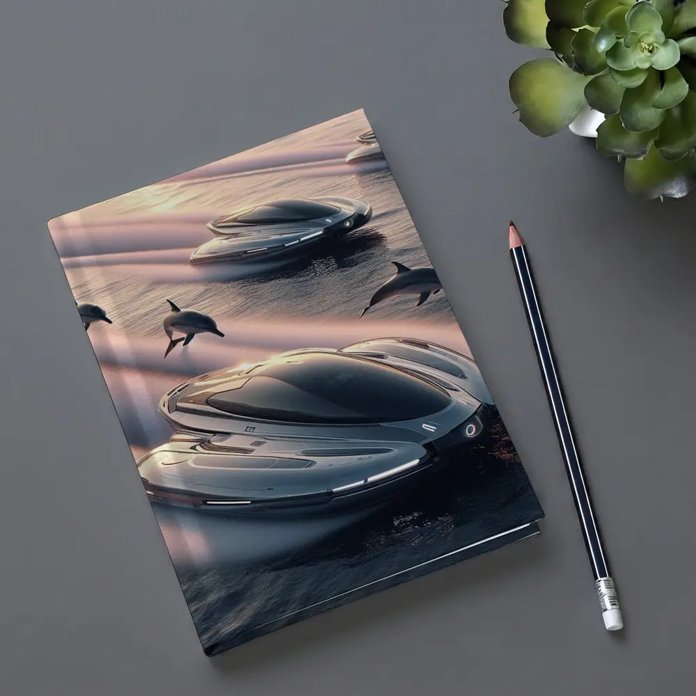 Futuristic Boats Racing With Dolphins At Sunset – Notebooks