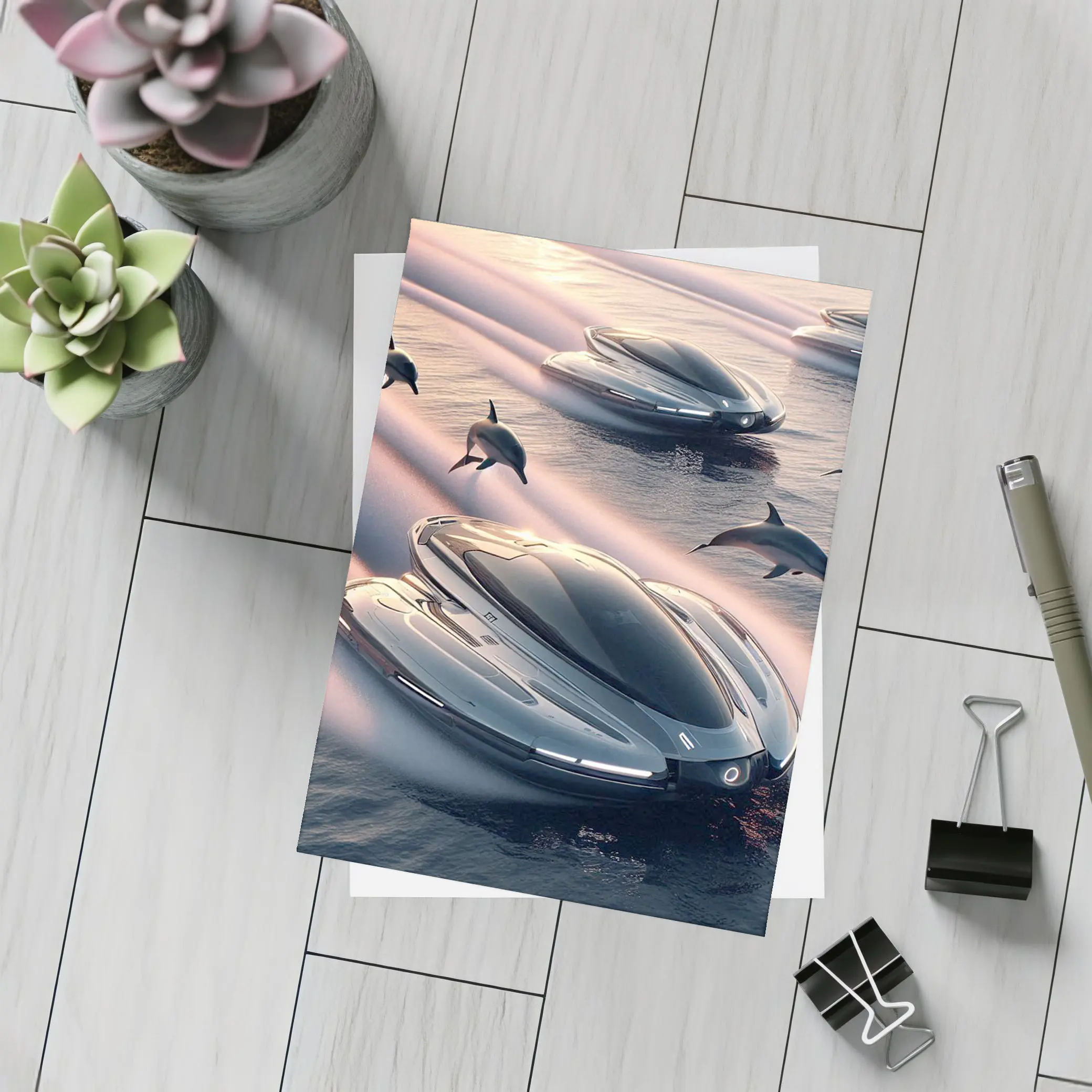 Futuristic Boats Racing With Dolphins At Sunset – Postcards