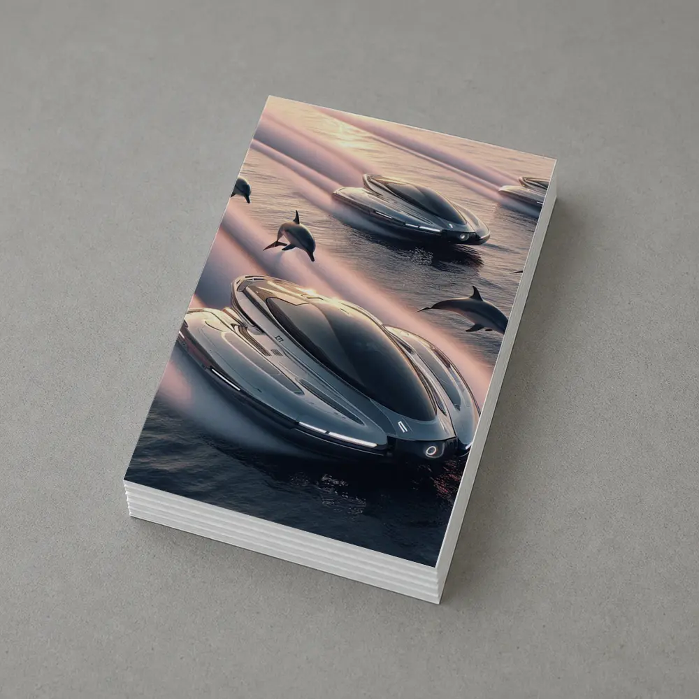 Futuristic Boats Racing With Dolphins At Sunset – Postcards