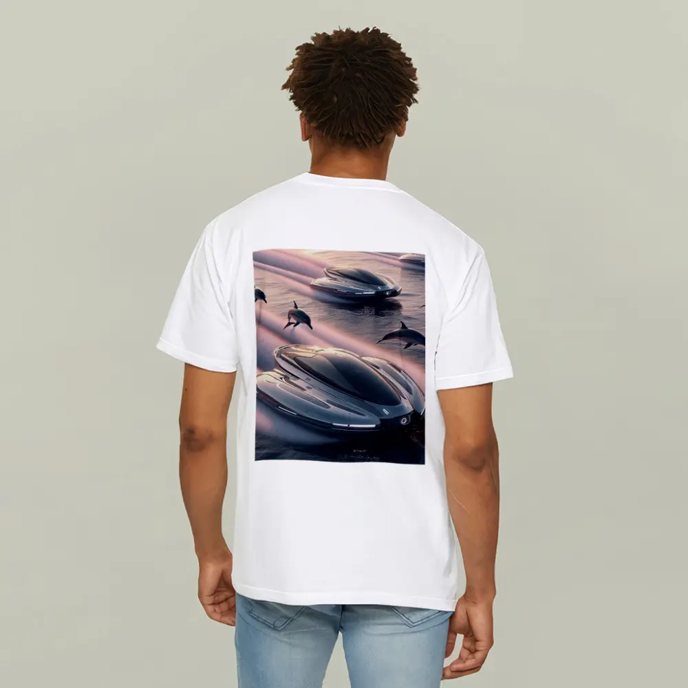 Futuristic Boats Racing With Dolphins At Sunset – T-Shirts