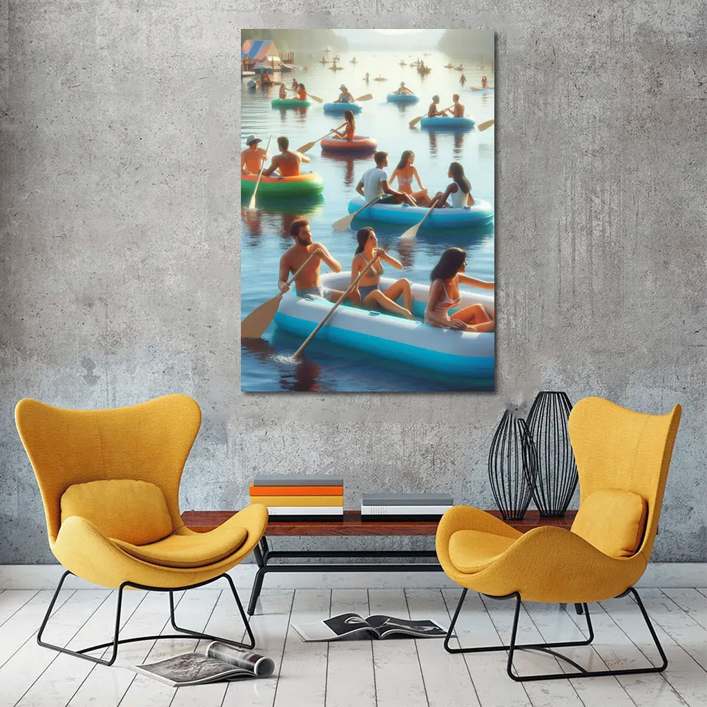 People Paddling Inflatable Rafts on Lake – Wall Art