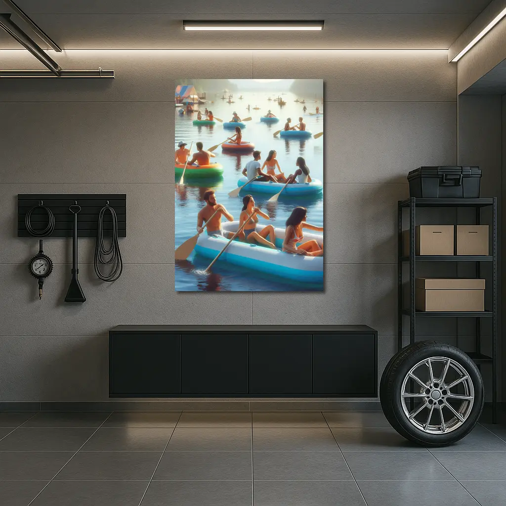 People Paddling Inflatable Rafts on Lake – Wall Art